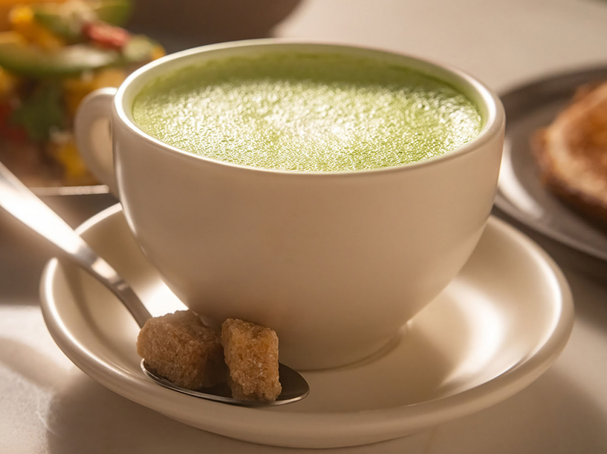A white cup filled with frothy green matcha tea on a saucer, accompanied by sugar cubes on a spoon beside it.