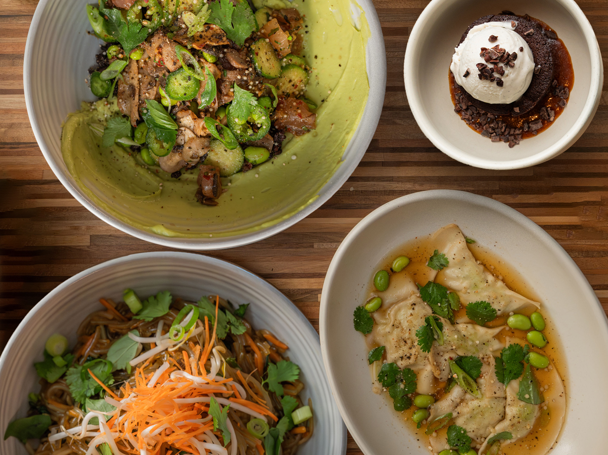 Bowls of vibrant dishes include avocado salad, noodle salad, dumplings in broth, and a dessert with ice cream on a wooden surface.